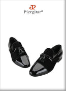 Piergitar Black Suede And Patent Leather Slip-On Slipper With Matched Tassels British Classic Style Handmade Men's Loafers