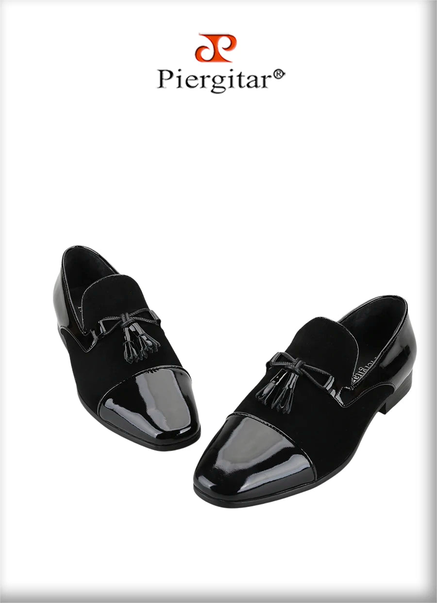 Piergitar Black Suede And Patent Leather Slip-On Slipper With Matched Tassels British Classic Style Handmade Men's Loafers