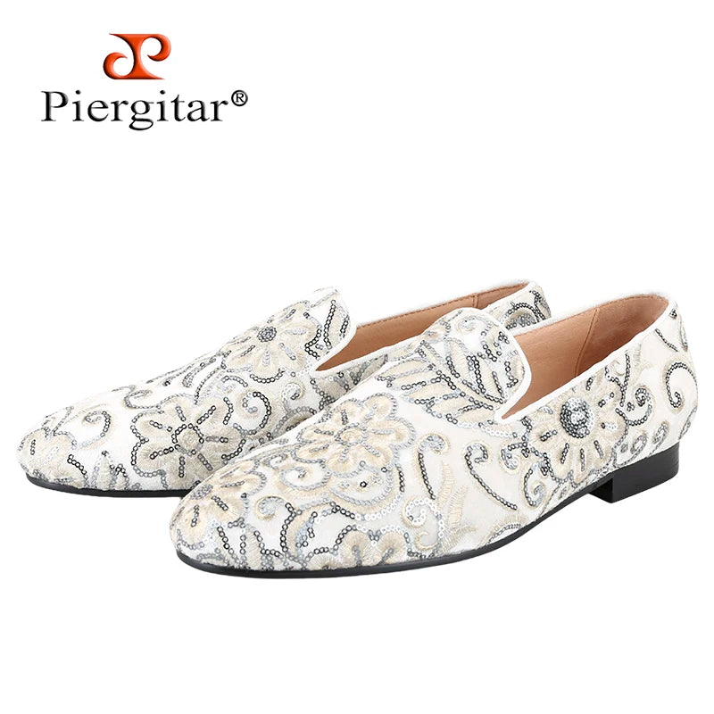 Piergitar Handmade Paisley Pattern Bling Men Velvet Shoes For Party And Wedding Superglamourous Brand Same Model Slip-On Loafers