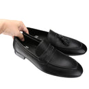 Piergitar Imported From Italy Black Calfskin Penny Loafers Handmade Removable Fringes Slip-On Smoking Slippers For Wedding/Party