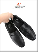 Piergitar Imported From Italy Black Calfskin Penny Loafers Handmade Removable Fringes Slip-On Smoking Slippers For Wedding/Party