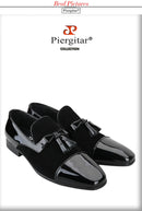 Piergitar Black Suede And Patent Leather Slip-On Slipper With Matched Tassels British Classic Style Handmade Men's Loafers