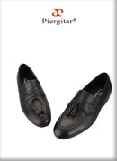 Piergitar Imported From Italy Black Calfskin Penny Loafers Handmade Removable Fringes Slip-On Smoking Slippers For Wedding/Party