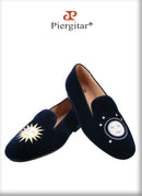 Piergitar Handmade Men's Smoking Slippers With Classic Sun And Moon Embroidery For Fashion Party Slip-On Loafers Leather Insole