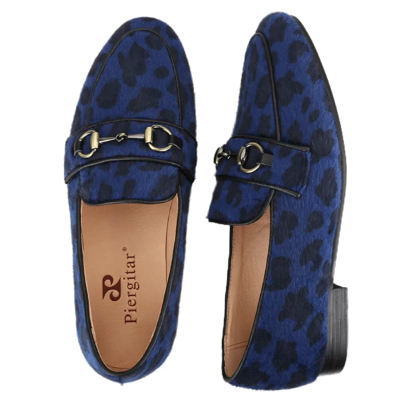 Piergitar Leopard Print Horsehair Men's Loafers With Bronze Horsebit Handmade Classic Style Slippers Breathable Leather Insole