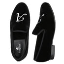 Piergitar Handmade Custom Initials Embroidery Men's Loafers Black Velvet Slip-On Smoking Slippers For Wedding Or Party Red Sole