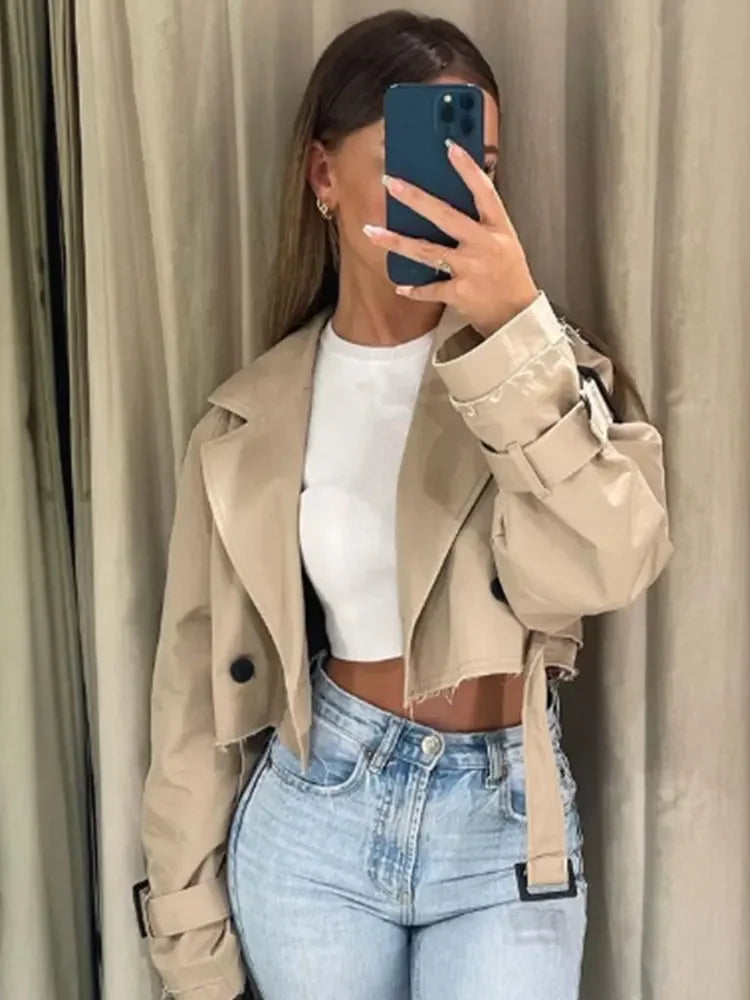 Women Fashion Belt Cropped Trench Spring Jacket