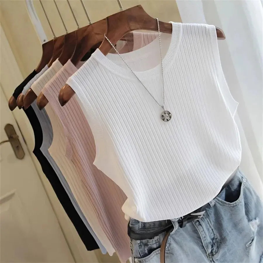 Summer New Fashion O-neck Sleeveless Casual Thin Tops