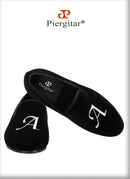 Piergitar Handmade Custom Initials Embroidery Men's Loafers Black Velvet Slip-On Smoking Slippers For Wedding Or Party Red Sole