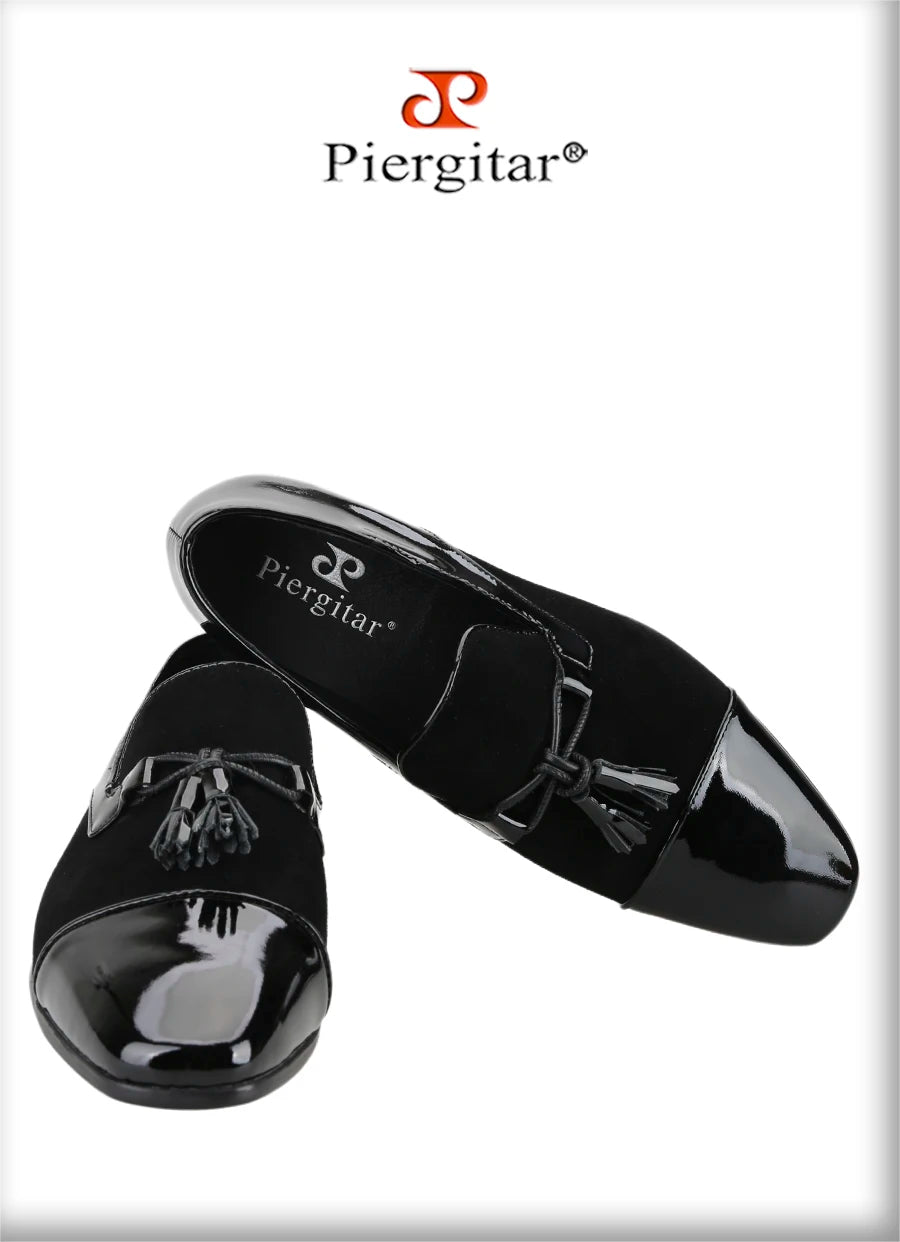 Piergitar Black Suede And Patent Leather Slip-On Slipper With Matched Tassels British Classic Style Handmade Men's Loafers