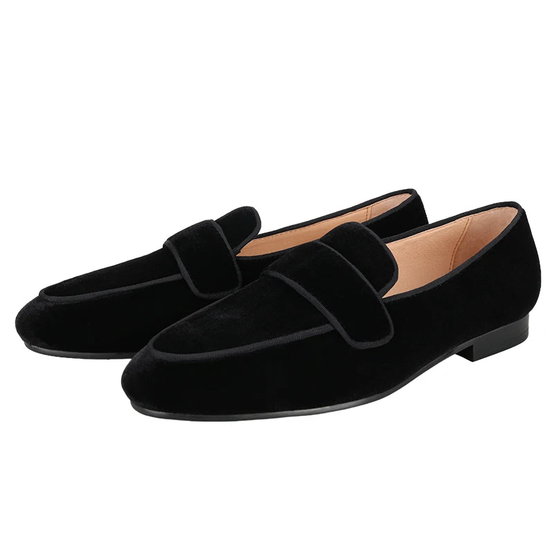 Piergitar Handmade Black Color Slip-On Loafers For Fashion Party And Wedding Men Velvet Shoes Smoking Slippers Leather Insole