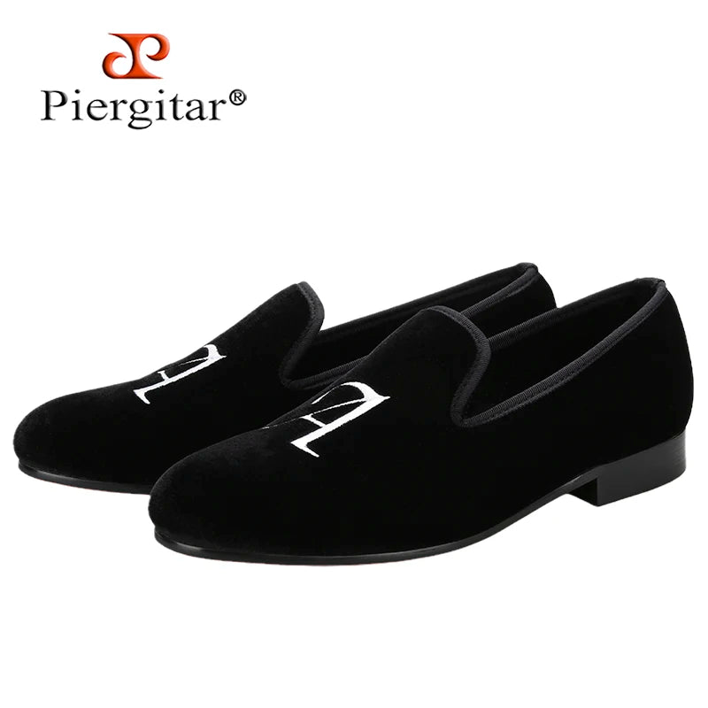 Piergitar Handmade Custom Initials Embroidery Men's Loafers Black Velvet Slip-On Smoking Slippers For Wedding Or Party Red Sole