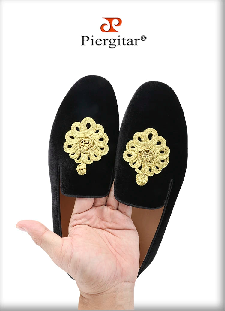 Piergitar Black Velvet Slip-On Men's Slippers Shoes Handmade Golden Rope Decoration Loafers For Party And Wedding Leather Insole