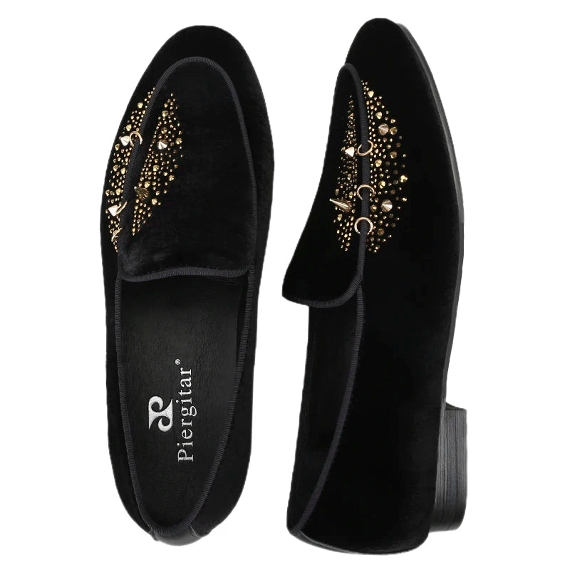 Piergitar Black Velvet Men's Slippers Shoes Luxury Brand Same Design Handcrafted Studs And Crystals Slip-On Loafers For Party