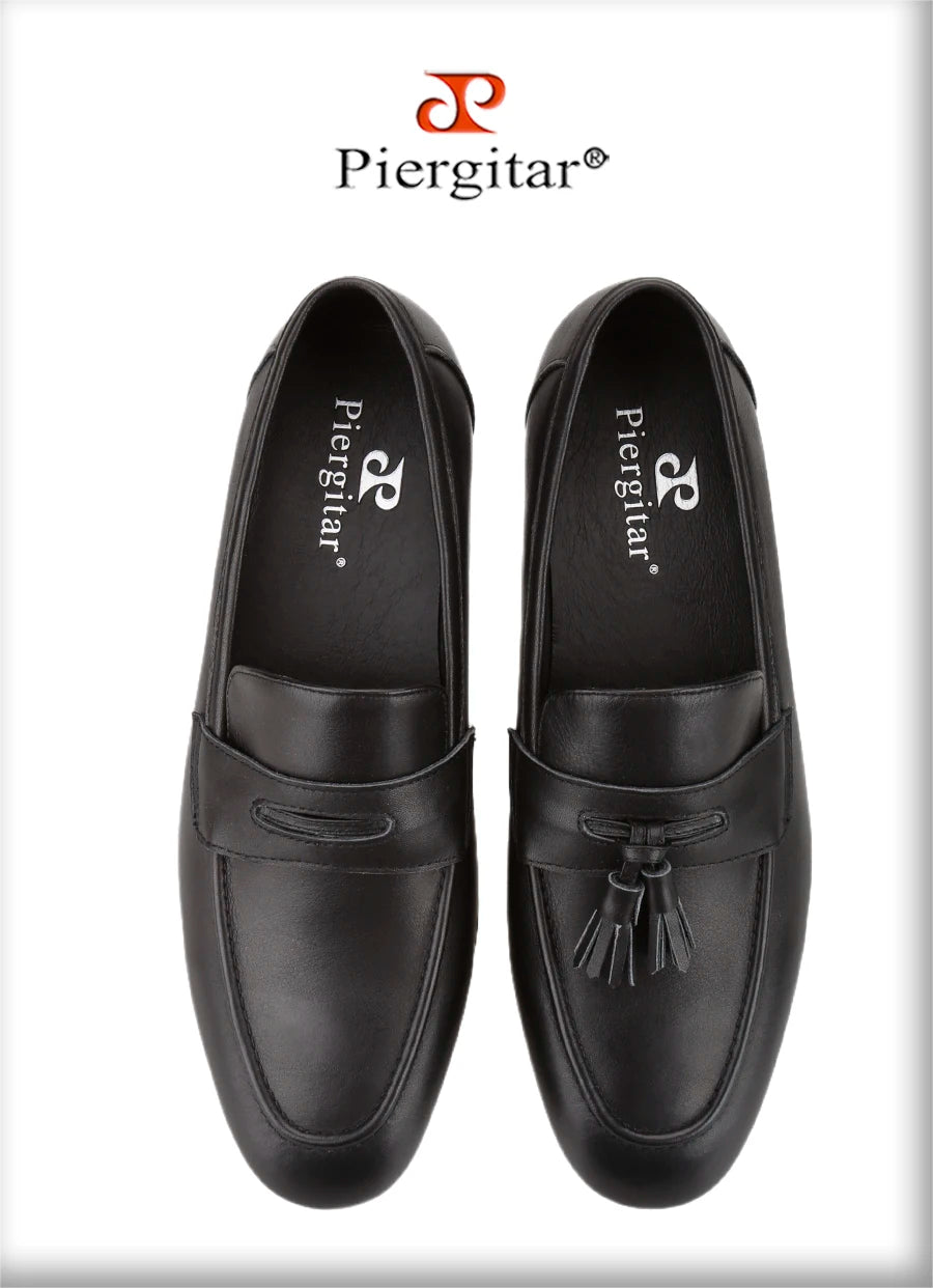 Piergitar Imported From Italy Black Calfskin Penny Loafers Handmade Removable Fringes Slip-On Smoking Slippers For Wedding/Party