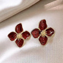 Women Retro Drip Glaze Red Flower Earrings