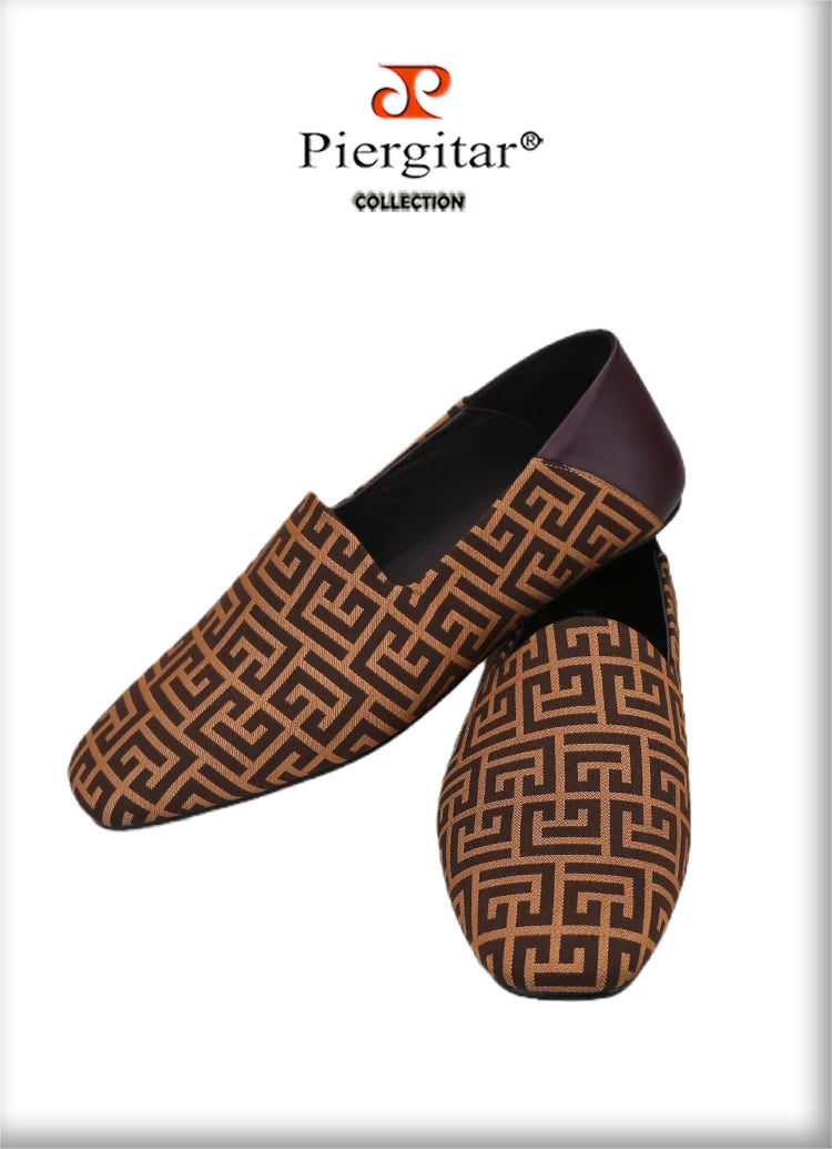 Piergitar New Plaid Stereoscopic Jacquard Fabric Men's Loafers Back Soft Sheepskin Smoking Slippers Handmade Slip-on Moccasin