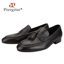 Piergitar Imported From Italy Black Calfskin Penny Loafers Handmade Removable Fringes Slip-On Smoking Slippers For Wedding/Party