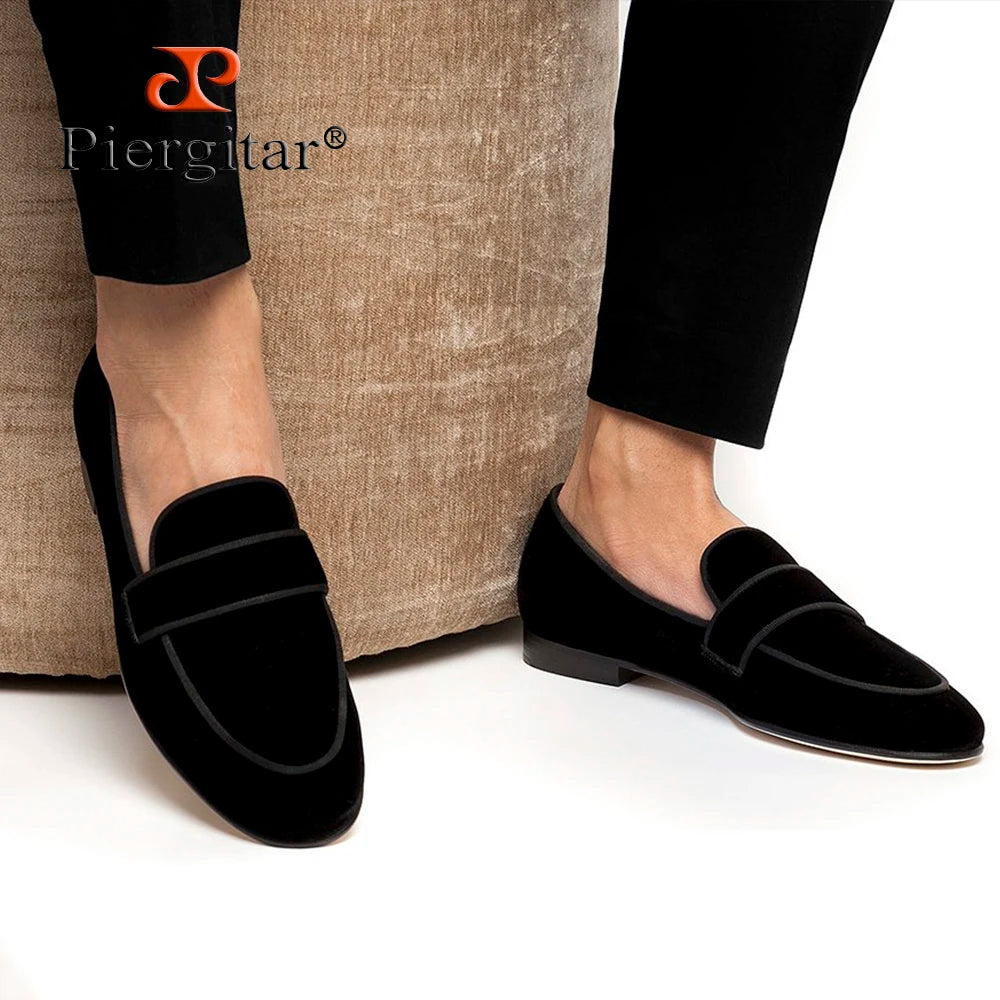 Piergitar Handmade Black Color Slip-On Loafers For Fashion Party And Wedding Men Velvet Shoes Smoking Slippers Leather Insole