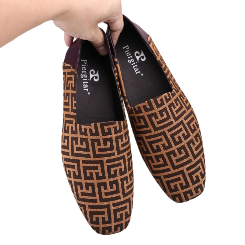 Piergitar New Plaid Stereoscopic Jacquard Fabric Men's Loafers Back Soft Sheepskin Smoking Slippers Handmade Slip-on Moccasin