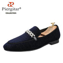 Piergitar Six Colors Meteor Shower Velvet Men's Loafers With Sliver Rhinestones Metal Buckle Handmade Slip-On Classic Moccasins