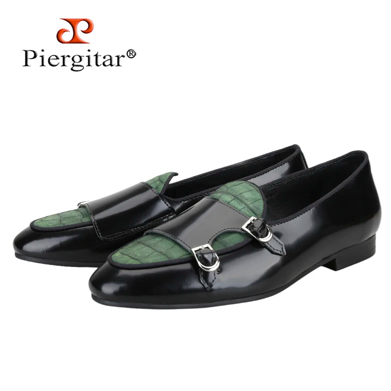 Piergitar Black Polished Leather Patchwork Green Crocodile Suede Men's Monk Shoes Handmade Slip-On Loafers For Wedding And Party