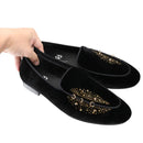 Piergitar Black Velvet Men's Slippers Shoes Luxury Brand Same Design Handcrafted Studs And Crystals Slip-On Loafers For Party