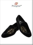 Piergitar Black Velvet Men's Slippers Shoes Luxury Brand Same Design Handcrafted Studs And Crystals Slip-On Loafers For Party