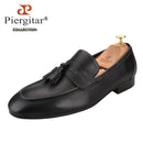 Piergitar Imported From Italy Black Calfskin Penny Loafers Handmade Removable Fringes Slip-On Smoking Slippers For Wedding/Party