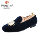 Piergitar Handmade Men's Smoking Slippers With Classic Sun And Moon Embroidery For Fashion Party Slip-On Loafers Leather Insole