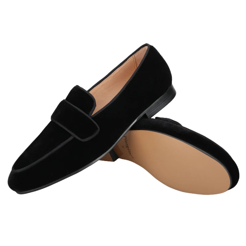 Piergitar Handmade Black Color Slip-On Loafers For Fashion Party And Wedding Men Velvet Shoes Smoking Slippers Leather Insole