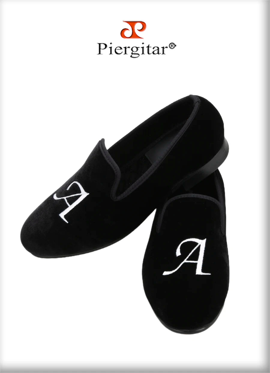 Piergitar Handmade Custom Initials Embroidery Men's Loafers Black Velvet Slip-On Smoking Slippers For Wedding Or Party Red Sole