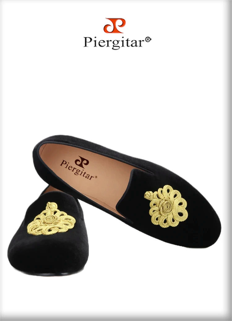 Piergitar Black Velvet Slip-On Men's Slippers Shoes Handmade Golden Rope Decoration Loafers For Party And Wedding Leather Insole