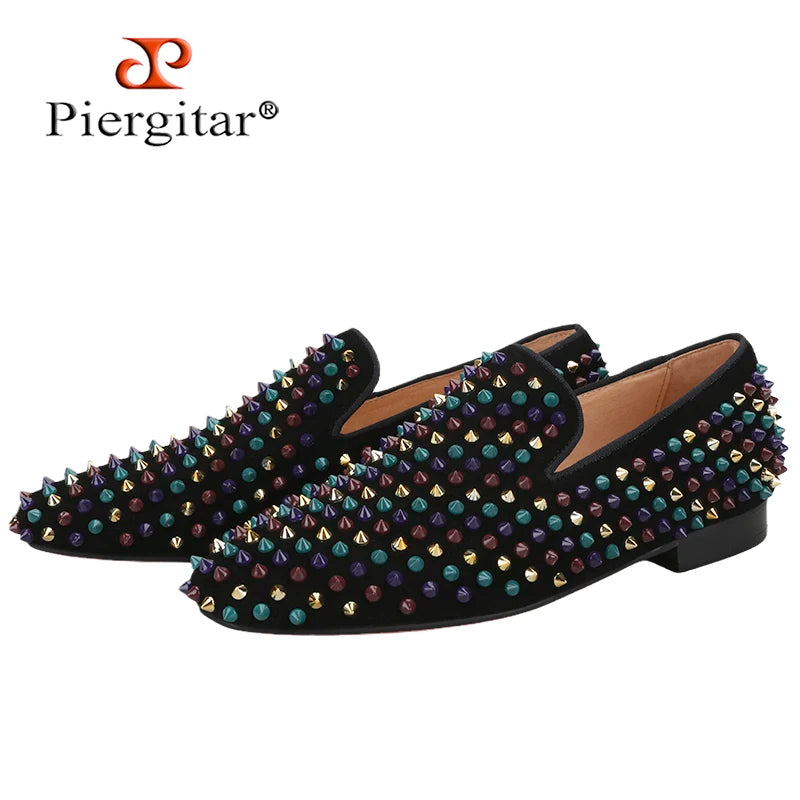 Piergitar Black Suede With Handmade Mixed Colors Rivets Men's Loafers Luxurious Brand Same Style Red Bottoms Smoking Slippers