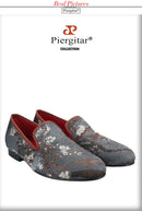 Piergitar Chinese Style Plum Blossom Print Fabric Silppers Loafers Handmade Slip-On Moccasins Plus Size Men's Casual Shoes