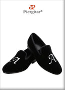 Piergitar Handmade Custom Initials Embroidery Men's Loafers Black Velvet Slip-On Smoking Slippers For Wedding Or Party Red Sole