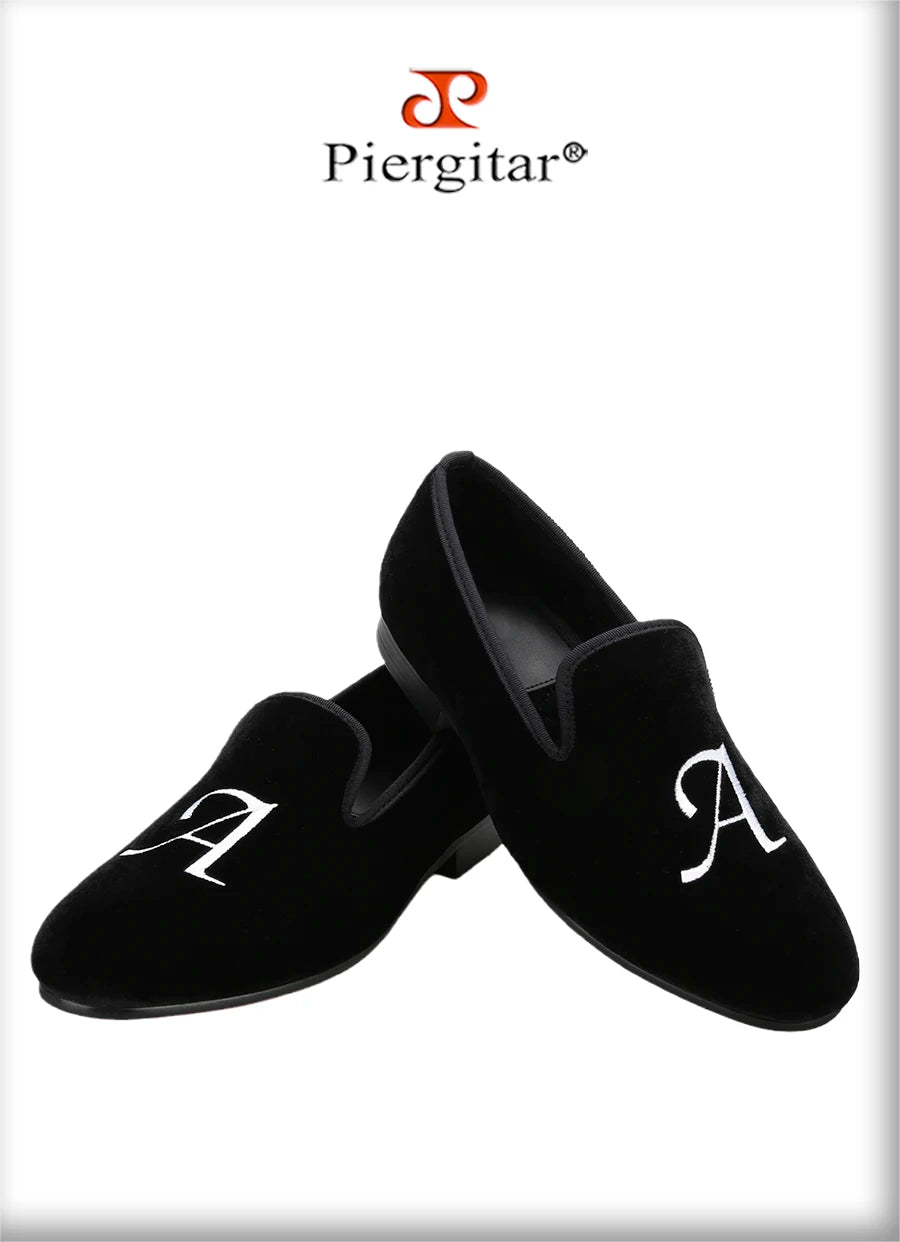 Piergitar Handmade Custom Initials Embroidery Men's Loafers Black Velvet Slip-On Smoking Slippers For Wedding Or Party Red Sole