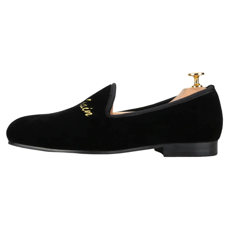 Piergitar BLack Velvet Men Moccasin With Gold Personality Letters Embroidery For Banquet And Party Handmade Slip-On Loafers