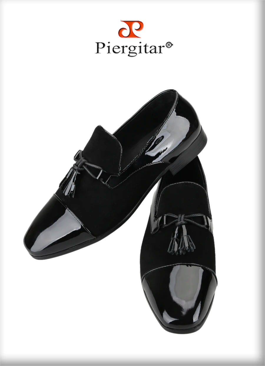 Piergitar Black Suede And Patent Leather Slip-On Slipper With Matched Tassels British Classic Style Handmade Men's Loafers