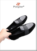 Piergitar Black Velvet Patchwork Patent Leather Men Loafers With Horizontal Band Handmade Flats Suitable For Party Formal Suits