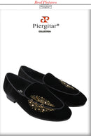 Piergitar Black Velvet Men's Slippers Shoes Luxury Brand Same Design Handcrafted Studs And Crystals Slip-On Loafers For Party