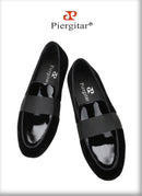 Piergitar Black Velvet Patchwork Patent Leather Men Loafers With Horizontal Band Handmade Flats Suitable For Party Formal Suits