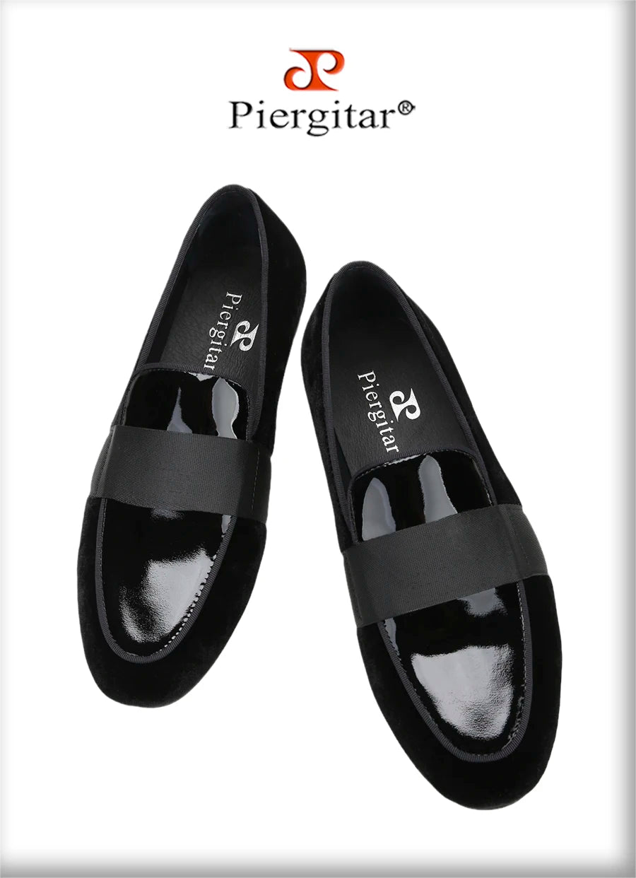 Piergitar Black Velvet Patchwork Patent Leather Men Loafers With Horizontal Band Handmade Flats Suitable For Party Formal Suits