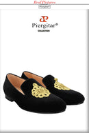 Piergitar Black Velvet Slip-On Men's Slippers Shoes Handmade Golden Rope Decoration Loafers For Party And Wedding Leather Insole