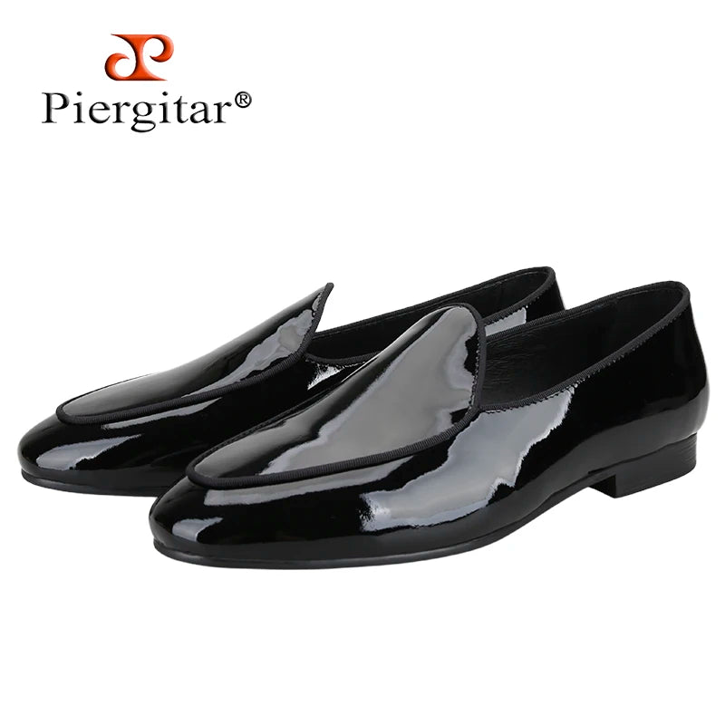 Piergitar Classic Style Black Patent Leather Slip-On Loafers For Party And Wedding Handmade Men's Dress Shoes Luxury Red Bottom