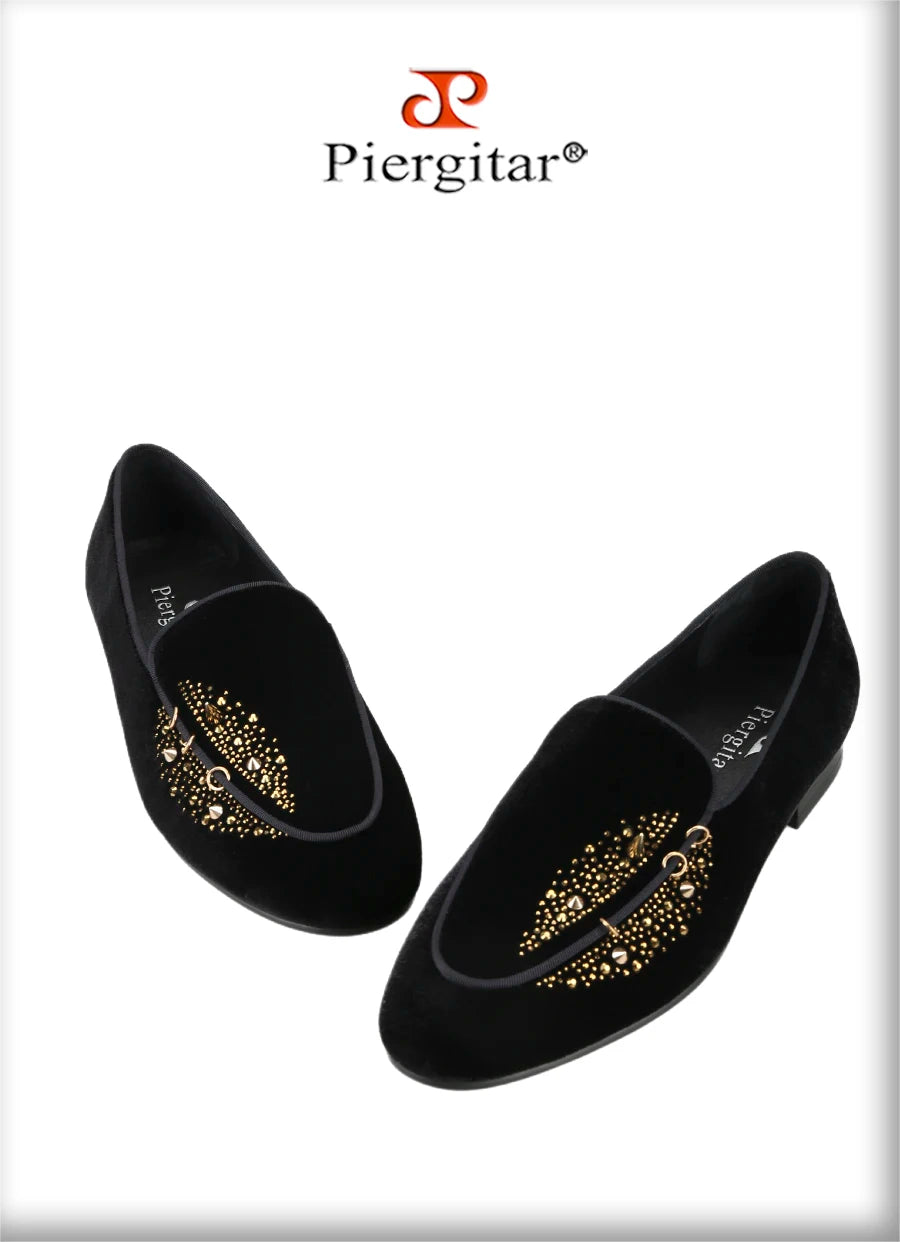 Piergitar Black Velvet Men's Slippers Shoes Luxury Brand Same Design Handcrafted Studs And Crystals Slip-On Loafers For Party