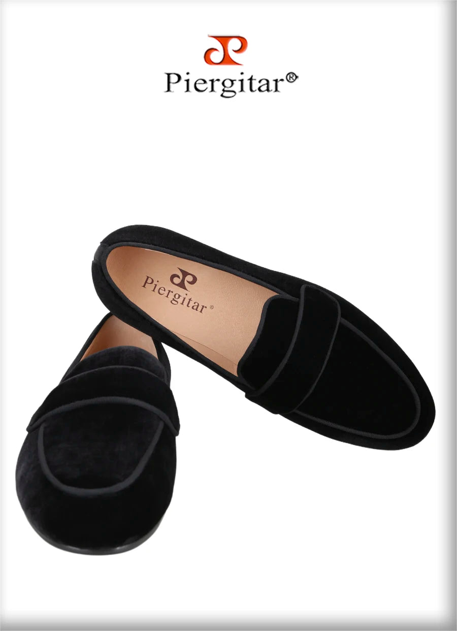 Piergitar Handmade Black Color Slip-On Loafers For Fashion Party And Wedding Men Velvet Shoes Smoking Slippers Leather Insole