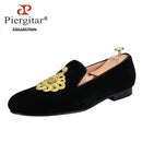 Piergitar Black Velvet Slip-On Men's Slippers Shoes Handmade Golden Rope Decoration Loafers For Party And Wedding Leather Insole