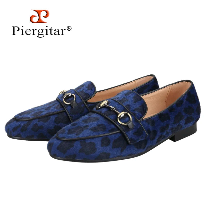 Piergitar Leopard Print Horsehair Men's Loafers With Bronze Horsebit Handmade Classic Style Slippers Breathable Leather Insole