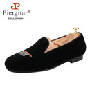 Piergitar Handmade Men Loafers With Cigarette And Ashtray Embroidery For Fashion Party Black Velvet Slip-On Smoking Slippers